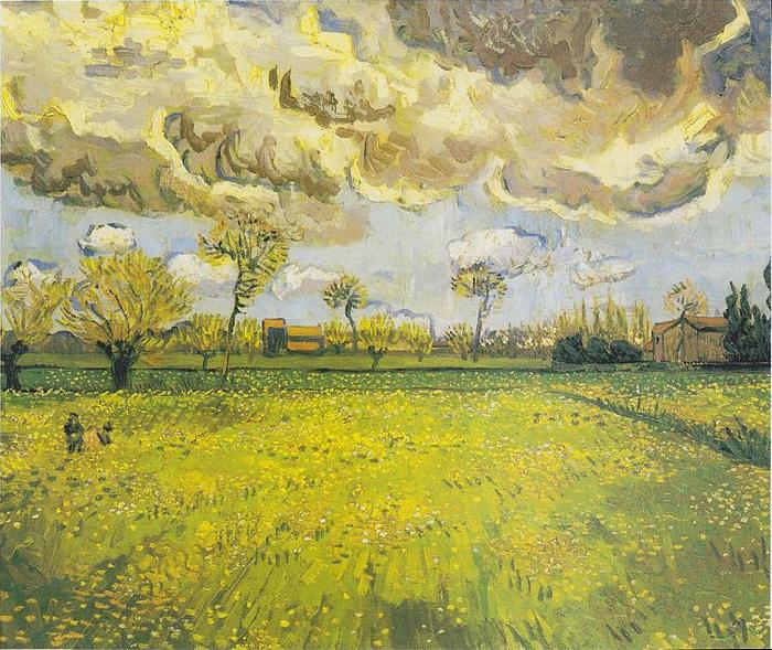 Vincent Van Gogh Meadow with flowers under a stormy sky oil painting picture